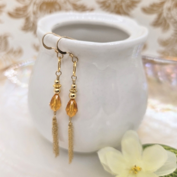 Orange Swarovski Crystal Gold Filled Tassel Dangle Bridgerton Earrings - Picture 2 of 6